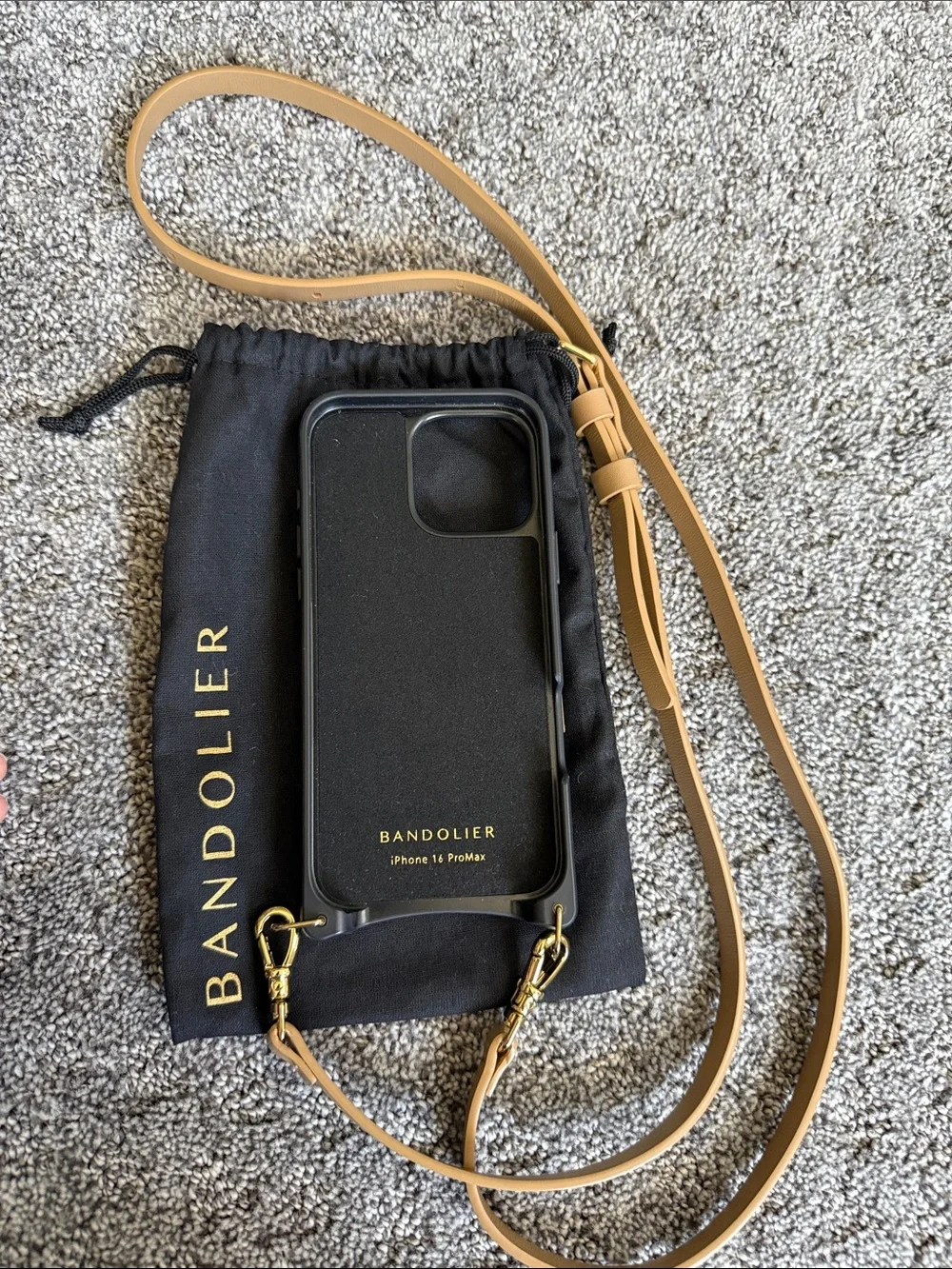 Bandolier Tan Leather Crossbody Phone Wallet for iPhone 16 with Gold Hardware